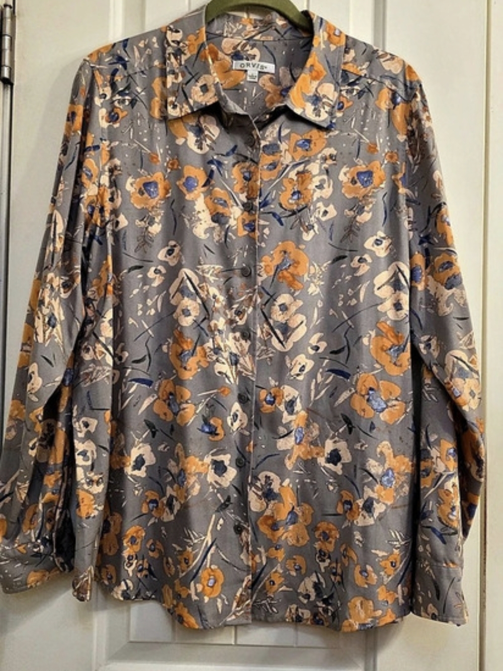 Orvis Floral Silk Button Down in Gray & Orange Shirt, Womens Xl